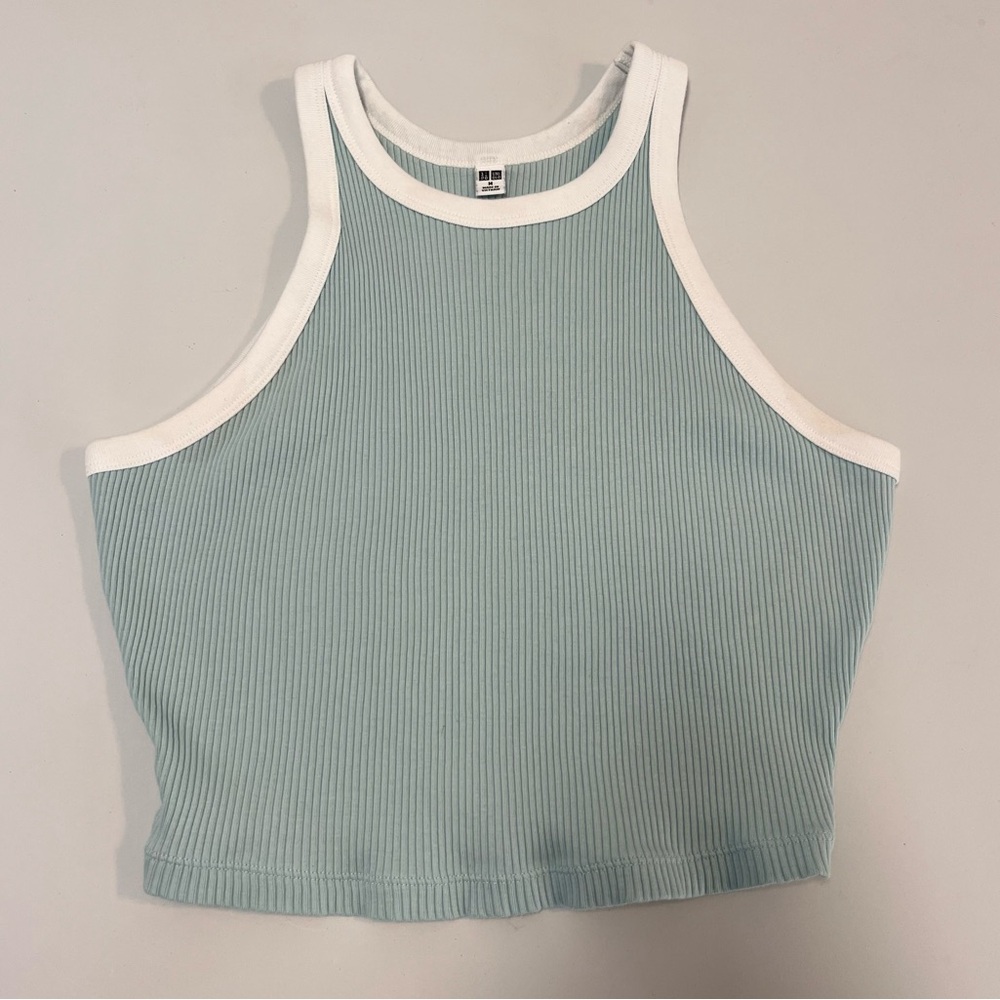 UNIQLO Ribbed Light Blue Contrast-Trim Tank Top